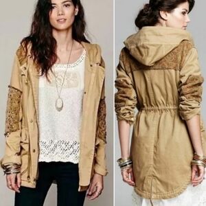 Free People Bohemian Tapestry Stud Tan Khaki Hooded Zipper Coat Size M